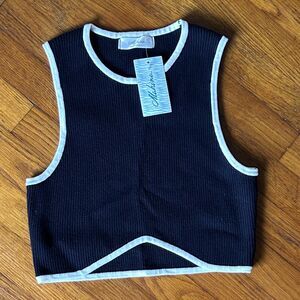 Mahina Ribbed Contrast Trim Crop Tank Top Black White NWT Women’s Large